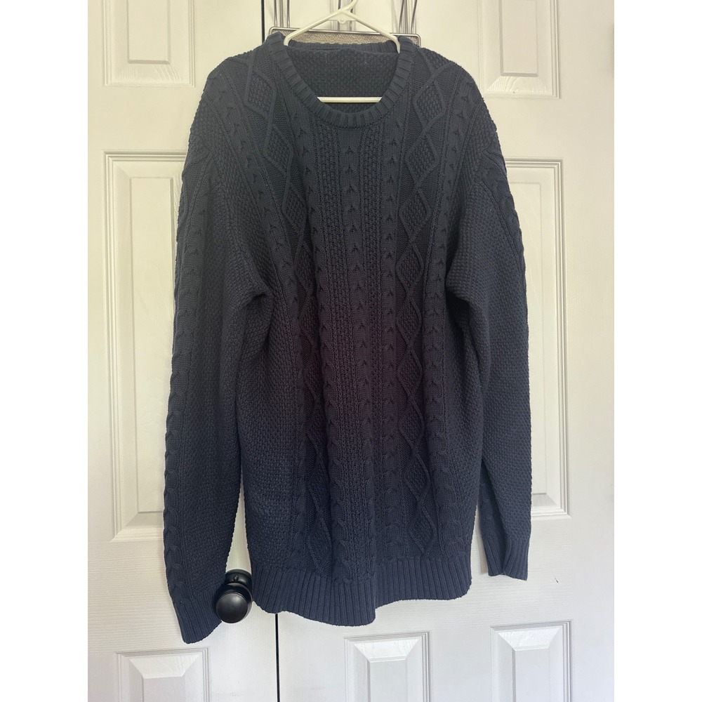Navy Blue 100 Cotton Cable Knit Crewneck Sweater XXL Heavyweight Pullover